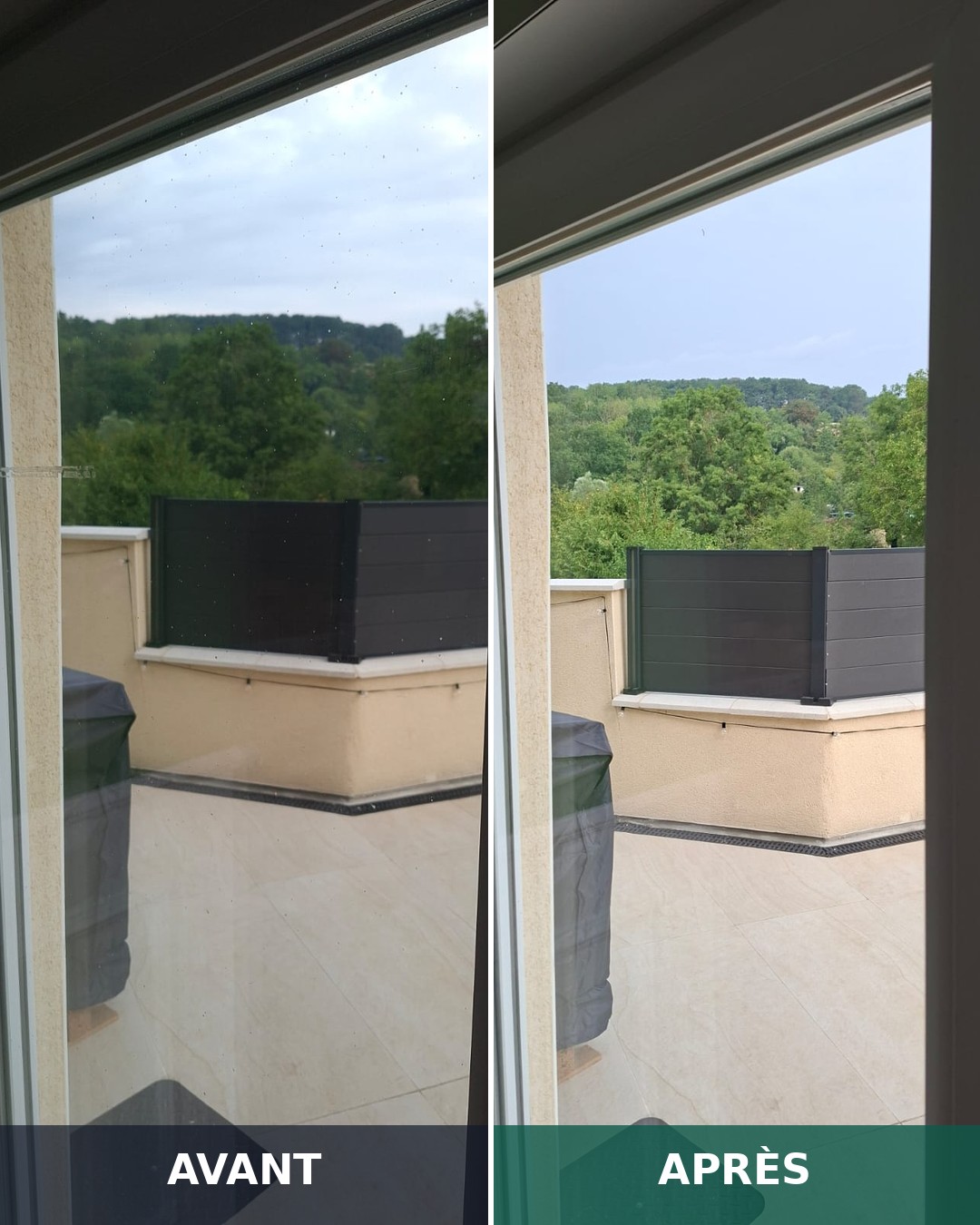Avant et après un nettoyage de vitres à Haute-Kontz : baie de terrasse voilée par les dépôts, puis vitrage transparent